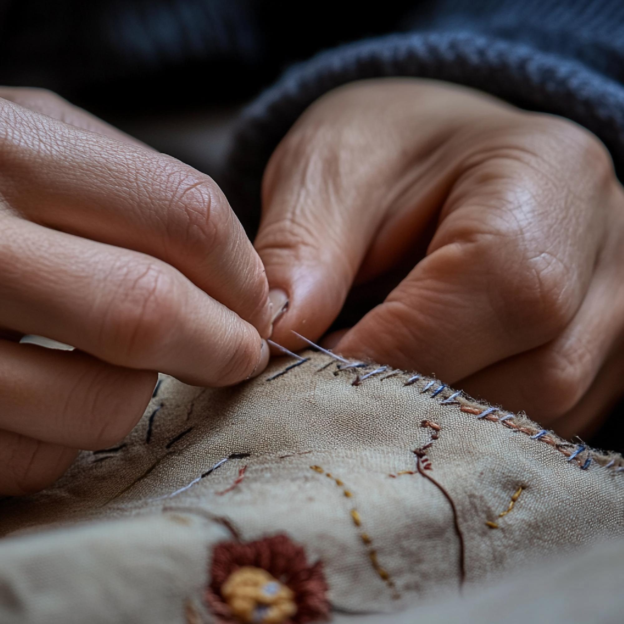 Rankų vėlimas ant lino — artima detalė